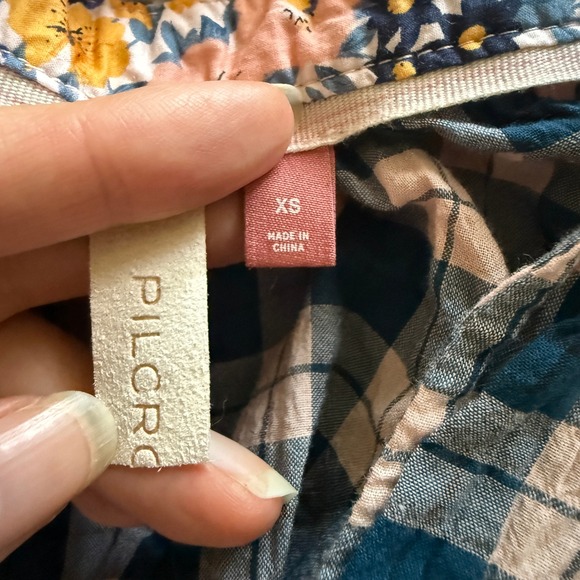 Pilcro Anthropologie Tavi Plaid Button Down Navy Pink Ruffle Collar Shirt Top XS - Picture 7 of 9
